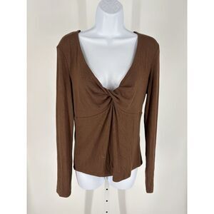 NWTs Elodie Brown Ribbed Twist Front V Neck Knit Long Sleeve Top